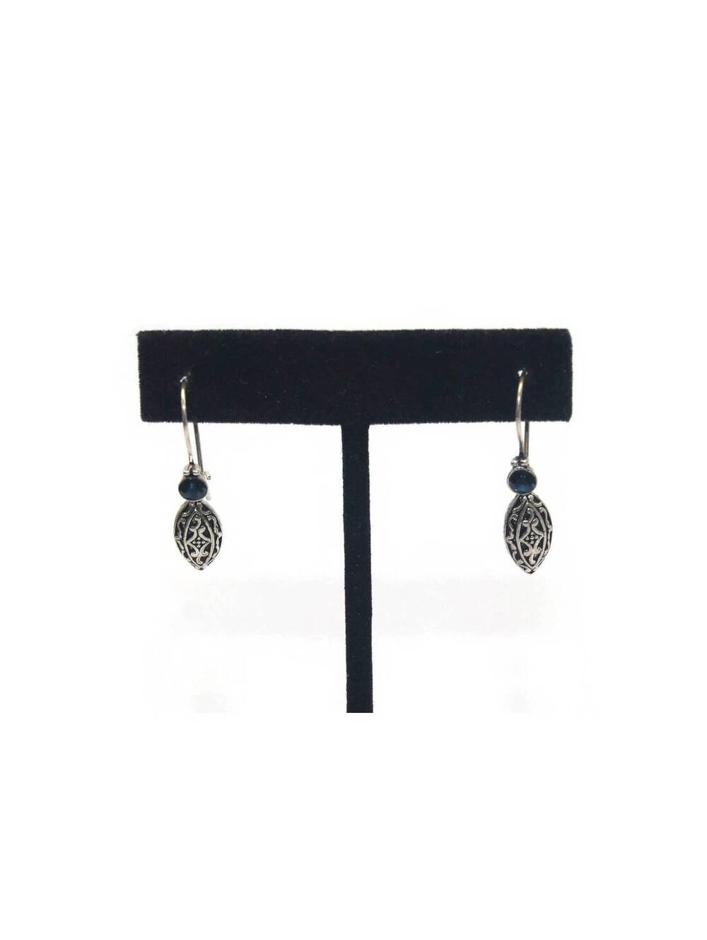 Vintage Silver Tone, Black Enamel and Dark Blue Rhinestones Dangle Earrings.